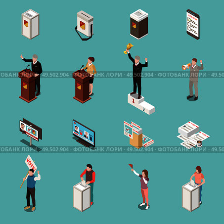 Election voting isometric icons set with people participating in polling campaign debates protest voting opposition and primaries vector illustration. Стоковая иллюстрация, агентство Ingram Publishing / Фотобанк Лори