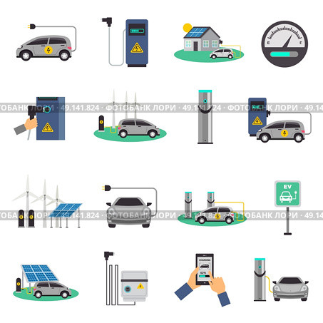 Electric Car Charging Flat Icons Set. Electric car charging public network service stations and individual recharging points flat icons collection isolated vector illustration . Стоковая иллюстрация, агентство Ingram Publishing / Фотобанк Лори