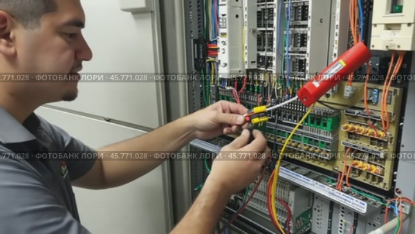 Electrician testing electrical panel with voltage tester. Стоковое AI-видео, аниматор Юрий Поздников / Фотобанк Лори