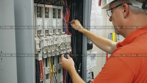 Electrician testing fuses in electrical cabinet. Стоковое AI-видео, аниматор Юрий Поздников / Фотобанк Лори