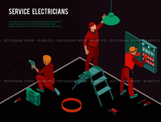 Electricians home office construction renovation maintenance service isometric composition with workmen team installing switch board vector illustration. Стоковая иллюстрация, агентство Ingram Publishing / Фотобанк Лори