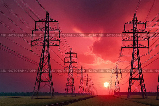Electricity distribution station pylons on background of red acid sky. Silhouette image power line support high voltage power transmission tower and lines in an urban pollution environment. Copy space. Стоковое AI-изображение, AI-художник Aleksandr Golubev / Фотобанк Лори