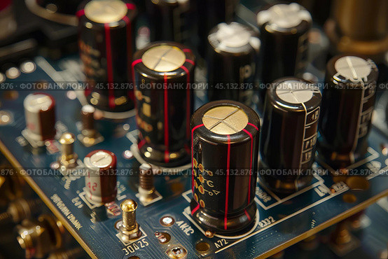 Electrolytic capacitors standing on a printed circuit board. Стоковое AI-изображение, AI-художник Иван Рябоконь / Фотобанк Лори