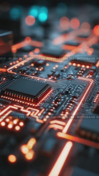Electronic circuit board glowing with data flowing. Стоковое AI-видео, аниматор Юрий Поздников / Фотобанк Лори