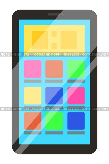 Electronic device like phone isolated on white background. Smartphone or tablet used for work, study and everyday life. Display turned on, icons of applications. Vector illustration in flat style. Electronic Device Smartphone or Tablet for Work. Стоковая иллюстрация, агентство Ingram Publishing / Фотобанк Лори