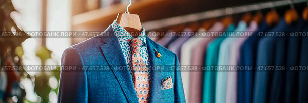 Elegance in Attire: Tailored Suit Display, Fashionable Design, Style Guide for sartorial inspiration and print advertisement. Стоковое AI-изображение, AI-художник Данила Большаков / Фотобанк Лори
