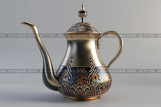 Elegant arabian dallah coffee pot standing on white background. Стоковое AI-изображение, AI-художник Иван Рябоконь / Фотобанк Лори