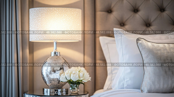 Elegant bedroom interior with silver lamp, white roses and pillows. Стоковое AI-изображение, AI-художник Катерина Бондарец / Фотобанк Лори