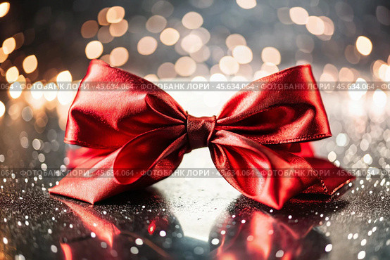 Elegant bow made of satin red ribbon on a shiny black background. Стоковое AI-изображение, AI-художник Photojuli / Фотобанк Лори