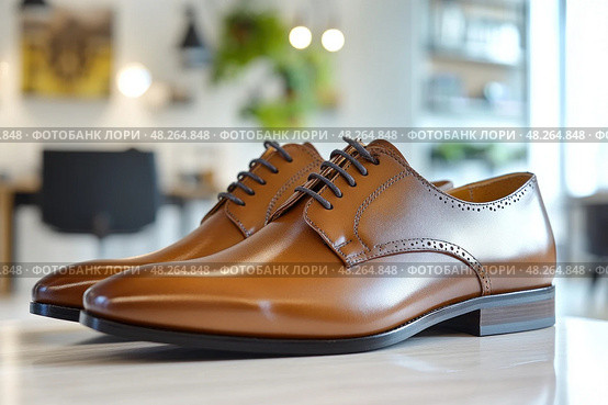 Elegant brown leather dress shoes on display in a modern office setting. Стоковое AI-изображение, AI-художник Юрий Поздников / Фотобанк Лори