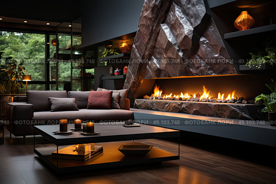 Elegant Coziness: beautifully designed living room adorned with a plethora of furniture pieces, featuring a warm and inviting fireplace as the focal point. Стоковое AI-изображение, AI-художник Данила Большаков / Фотобанк Лори