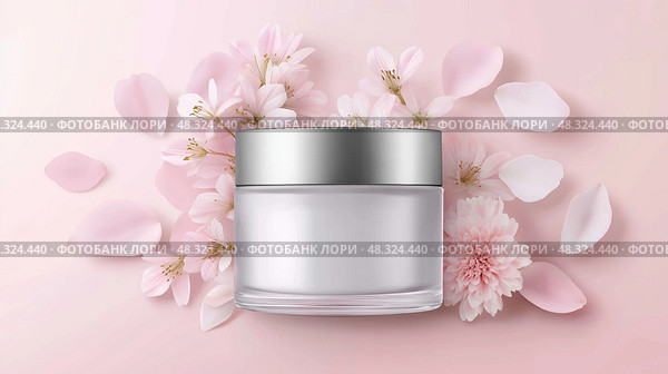 Elegant cream with flower petals on a soft pink background. Элегантный крем с лепестками цветов на нежно-розовом фоне. Стоковое AI-изображение, AI-художник Katsiaryna Repich / Фотобанк Лори