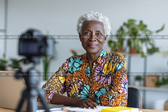 Elegant elderly black woman in colorful attire posing with confidence indoors. Стоковое AI-изображение, AI-художник Евгения Пархоменко / Фотобанк Лори