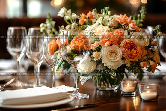 Elegant festive table setting with an emphasis on a sophisticated floral arrangement of creamy white and peach-orange flowers. Against the background of wine glasses and burning candles, an atmosphere of coziness, solemnity and sophistication is created. Ideal for weddings, banquets, romantic dinners and interior decoration. Стоковое AI-изображение, AI-художник Анна Кривицкая / Фотобанк Лори