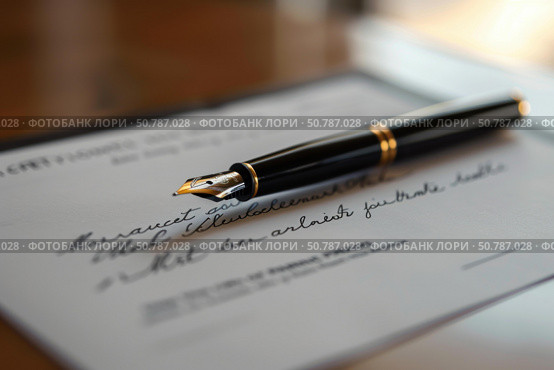 Elegant fountain pen resting on handwritten letter on desk. Стоковое AI-изображение, AI-художник Иван Рябоконь / Фотобанк Лори