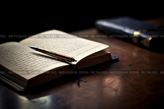 Elegant pen lying on open notebook with cursive handwriting on wooden table. Стоковое AI-изображение, AI-художник Иван Рябоконь / Фотобанк Лори