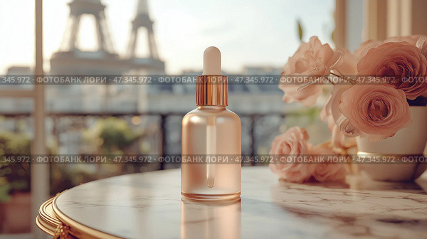 Elegant skincare product mockup in Paris with blooming roses at sunset. Элегантный макет средства для ухода за кожей в Париже с цветущими розами на закате. Стоковое AI-изображение, AI-художник Katsiaryna Repich / Фотобанк Лори