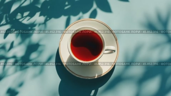 Elegant Tea Cup Set Against a Blue Background. Top view, flat lay. Copy Space. Relaxation and Enjoyment. Crafted Porcelain Teacup and Saucer on a soft pastel surface, lifestyle themes. Cup of warm tea. Стоковое AI-видео, аниматор Марина Демидюк / Фотобанк Лори