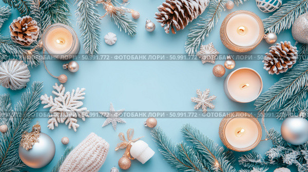 Elegant Winter Solstice Festive Arrangement: Candles, Pine Cones, and Ornaments on a Blue Background. Стоковое AI-изображение, AI-художник Данила Большаков / Фотобанк Лори