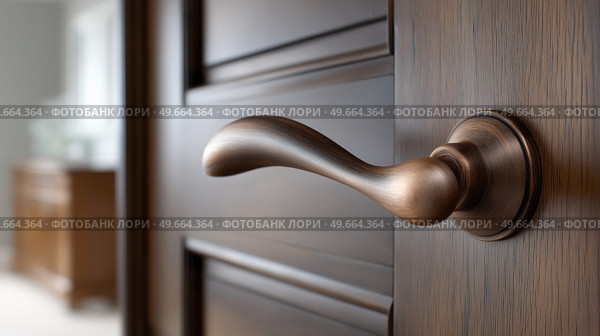 Elegant wooden door handle inviting entry into a warm interior space. Элегантная деревянная дверная ручка, приглашающая войти в теплое внутреннее пространство. Стоковое AI-изображение, AI-художник Katsiaryna Repich / Фотобанк Лори