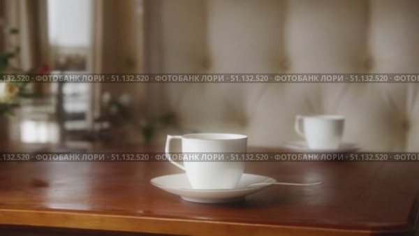 Элегантная чашка кофе на деревянном столе в уютном интерьере / Elegant coffee cup on wooden table with cozy interior lighting. Стоковое AI-видео, аниматор DeFusum / Фотобанк Лори