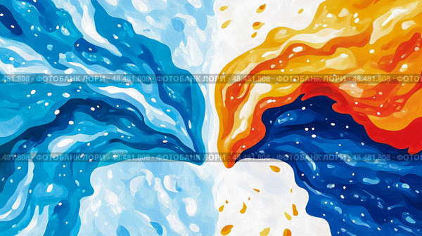 Elemental Clash: A Dynamic Interplay of Water and Fire, Symbolizing Opposing Forces in Balance. Стоковое AI-изображение, AI-художник Данила Большаков / Фотобанк Лори