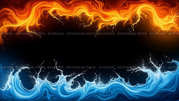 Elemental dance fire and water contrast. Стоковое AI-изображение, AI-художник Андрей Бакусов / Фотобанк Лори