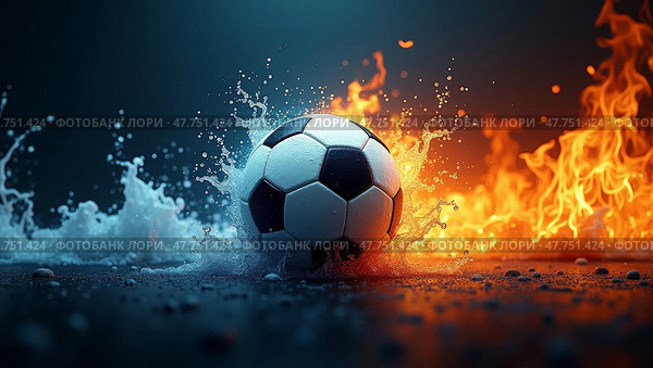 Elemental soccer fire and water. Стоковое AI-изображение, AI-художник Андрей Бакусов / Фотобанк Лори