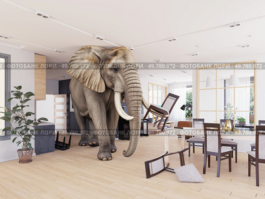 Elephant standing in modern living room with overturned furniture. 3d render. Elephant standing in modern living room. Стоковое фото, агентство Ingram Publishing / Фотобанк Лори