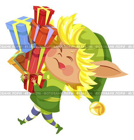 Elf fairy character carrying colorful gift boxes. Christmas card funny winter gnome with big ears wearing green costume. New Year assistant hero holding presents with ribbon isolated on white vector. New Year Elf Character Holding Presents Vector. Стоковая иллюстрация, агентство Ingram Publishing / Фотобанк Лори