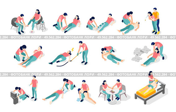 Emergency first aid isometric recolor set with broken bones fractures burns cuts bites poisoning chocking vector illustration. Стоковая иллюстрация, агентство Ingram Publishing / Фотобанк Лори