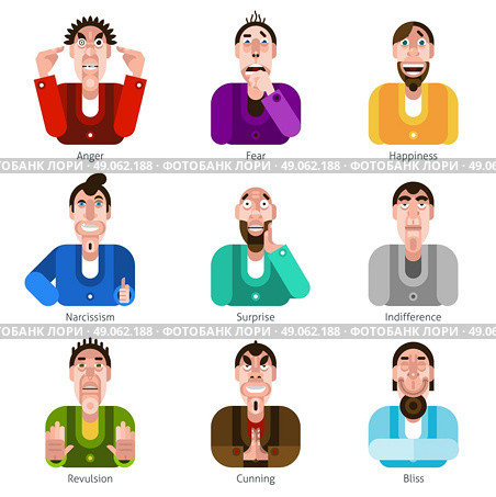 Emotion icons set. Male characters with anger fear and happiness emotions flat icons set isolated vector illustration. Стоковая иллюстрация, агентство Ingram Publishing / Фотобанк Лори