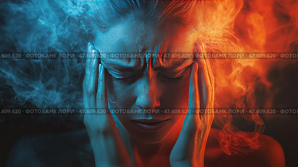 Emotional conflict expressed through contrasting colors and facial expressions. Человек борется с внутренним смятением, которое изображено сочетанием теплых и холодных цветов вокруг его головы. Контрастные элементы символизируют душевные страдания и эмоциональные столкновения. Стоковое AI-изображение, AI-художник Katsiaryna Repich / Фотобанк Лори