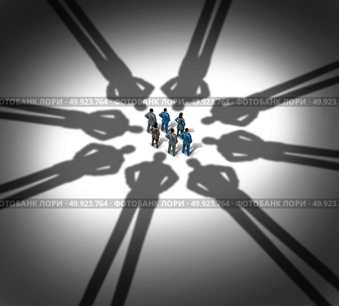 Employee monitoring and workplace surveillance concept as a group of workers being monitored by company executives as shadows in a 3D illustration style. Стоковое фото, агентство Ingram Publishing / Фотобанк Лори