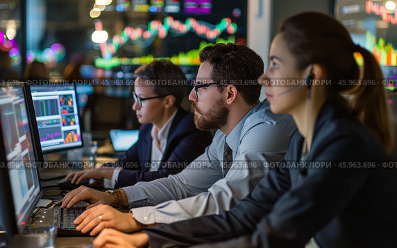 Employees monitoring financial data in a trading room while analyzing market trends during the workday at an investment firm. Стоковое AI-изображение, AI-художник Sergey Grishin / Фотобанк Лори