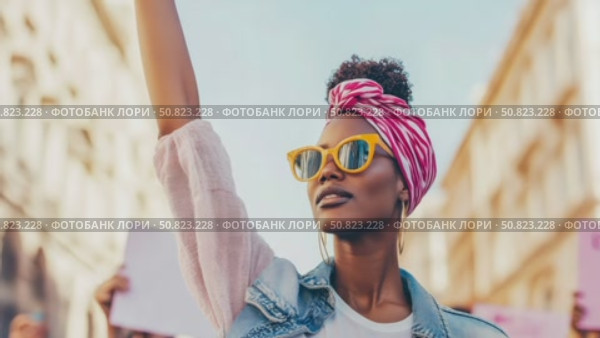 Empowered Spirit: Woman with Raised Arm, Head Wrap, and Sunglasses in Protest. Стоковое AI-видео, аниматор Данила Большаков / Фотобанк Лори