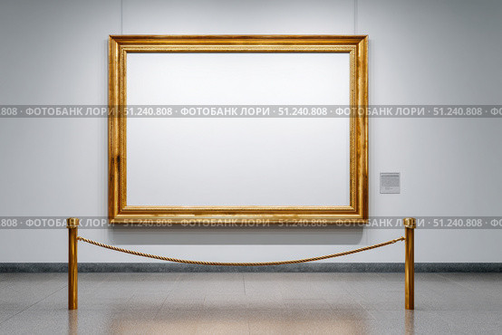 Empty art frame on wall. Gold antique classical picture framework with white blank background hanging at the gallery museum. Old wide ornamental baroque border. For showcase your favorite art or photo. Стоковое AI-изображение, AI-художник Марина Демидюк / Фотобанк Лори