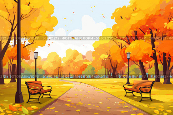 Empty benches inviting visitors to enjoy golden autumn colors in city park. Стоковое AI-изображение, AI-художник Иван Рябоконь / Фотобанк Лори