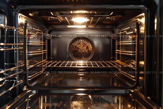 Empty convection oven with light on, ready for cooking. Стоковое AI-изображение, AI-художник Иван Рябоконь / Фотобанк Лори
