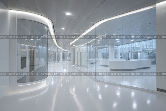 Empty corridor in modern Hospital ICU blurred background. Blur defocused interior of modern clinic. Abstract defocused corridor of medical centre, laboratory, lab. Healthcare and medicine concept. Стоковое AI-изображение, AI-художник Марина Демидюк / Фотобанк Лори