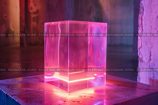 Empty illuminated plexiglas cube displaying vibrant magenta light in modern art gallery. Стоковое AI-изображение, AI-художник Иван Рябоконь / Фотобанк Лори
