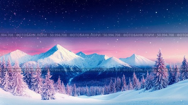 Enchanted Snowy Peaks Under Starlit Sky: A Winter Scene. Стоковое AI-изображение, AI-художник Данила Большаков / Фотобанк Лори
