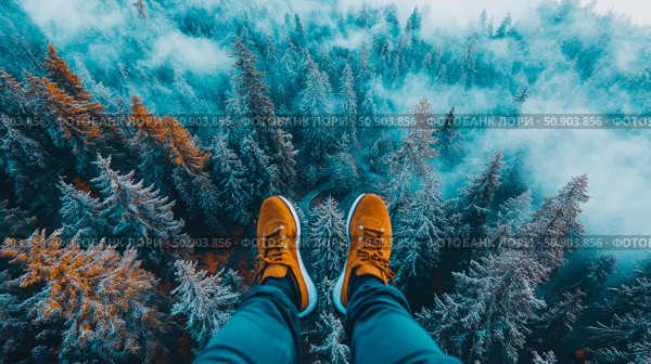 Enchanting Mountain Scape: First-person perspective looking down at a misty forest of teal evergreens and fiery autumn trees, inviting exploration and thrilling outdoor adventure. Стоковое AI-изображение, AI-художник Данила Большаков / Фотобанк Лори