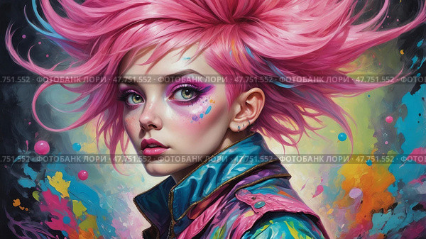 Enchanting postmodern pixie with electric pink hair. Стоковое AI-изображение, AI-художник Андрей Бакусов / Фотобанк Лори