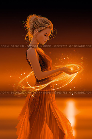 Enchanting woman in flowing orange dress stands gracefully, holding glowing orbs of light, surrounded by a warm sunset atmosphere, embodying magic and wonder in a serene moment. Стоковое AI-изображение, AI-художник Ирина Ручушкина / Фотобанк Лори