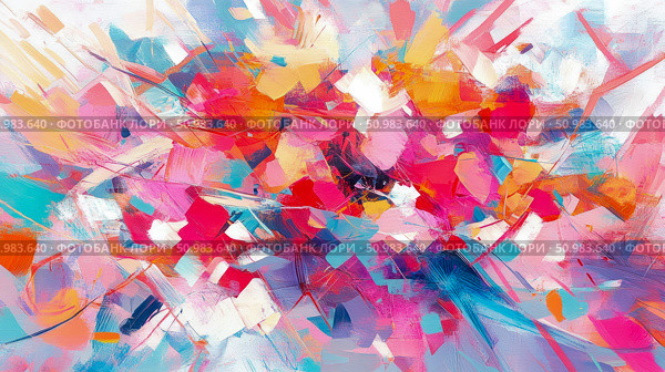 Energetic Abstract Painting Bursting with Vibrant Hues, Dynamic Brushstrokes, and Expressive Texture. Стоковое AI-изображение, AI-художник Данила Большаков / Фотобанк Лори