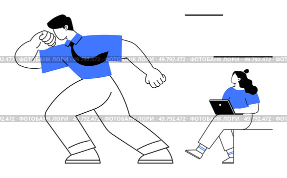Energetic business person dashing ahead, other professional sitting with a laptop, exuding calmness. Ideal for teamwork, productivity, multitasking, business, technology, work balance, motivation. Dynamic Business Person Rushing Forward with Calm Professional Utilizing Laptop. Стоковая иллюстрация, агентство Ingram Publishing / Фотобанк Лори