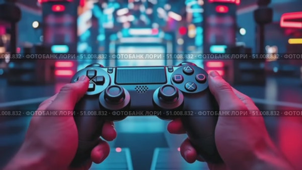 Engage in a thrilling gaming experience while holding a controller amidst a colorful, dynamic backdrop filled with neon lights. Стоковое AI-видео, аниматор Данила Большаков / Фотобанк Лори