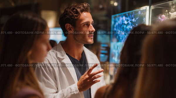 Engaging scientist explains marine life at an aquarium exhibit during an evening event with enthusiastic visitors. Стоковое AI-изображение, AI-художник Сергей Толмачёв / Фотобанк Лори