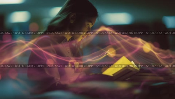 Engaging student reading in a dimly lit library during evening study session. Стоковое AI-видео, аниматор Сергей Толмачёв / Фотобанк Лори